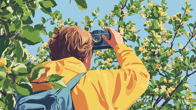 Person taking photo of blooming tree with yellow flowers outdoors