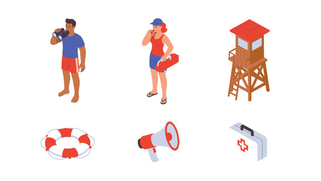 Isometric Lifeguard Equipment and Personnel Set for Beach Safety and Rescue Operations.