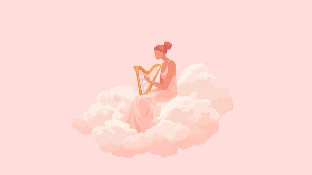 Woman in pink dress sitting on clouds playing harp, dreamy scene