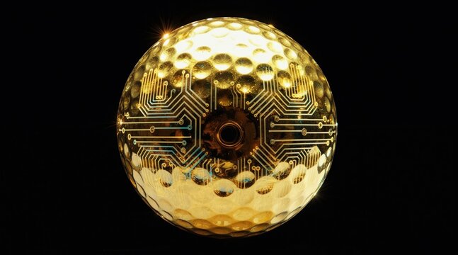 Golden golf ball with integrated circuits glows on black background. SciFi style suggests advanced technology and future sports. Abstract, conceptual design.