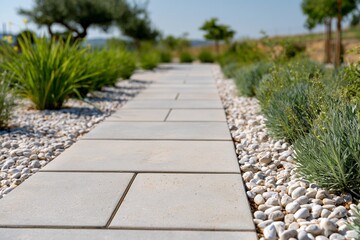 Obraz premium Modern stone pathway in a tranquil garden with greenery and white pebbles