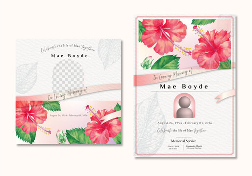 Template design set for a funeral memorial service program with hand-painted watercolor illustration of hibiscus flowers, flyer, social post, card