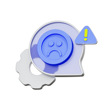 3D illustration of a negative feedback speech bubble with a gear and warning sign for customer complaints, technical support tickets, system error reporting, user frustration, and troubleshooting UI.