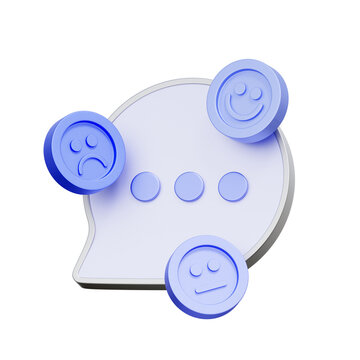 3D illustration of a speech bubble with emotion rating faces for sentiment analysis, customer satisfaction, user feedback, service evaluation, and mood tracking ui.
