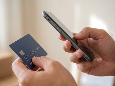Persona usando tel&eacute;fono inteligente y tarjeta de cr&eacute;dito para aplicaci&oacute;n de banca m&oacute;vil y pago sin contacto. Estilo de vida moderno y gesti&oacute;n financiera usando tel&eacute;fono m&oacute;vil y tarjeta de cr&eacute;dito