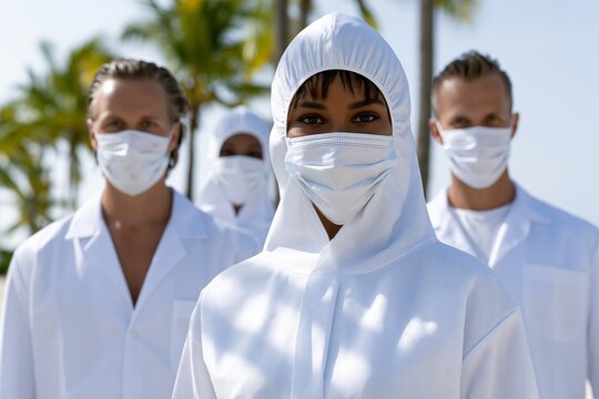Diverse healthcare workers in protective gear outdoors