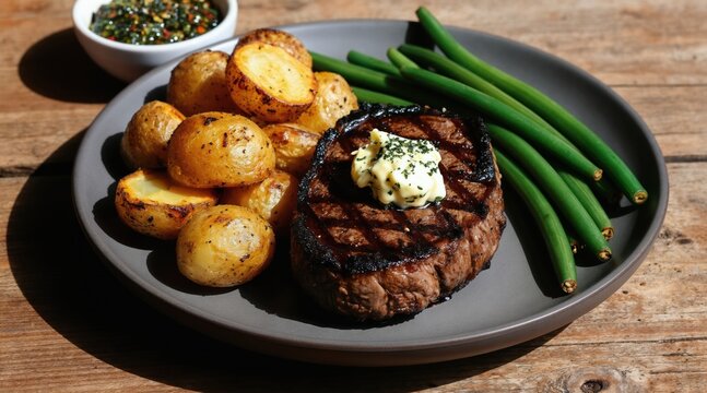 Juicy grilled steak with herb butter melting on top. Served with roasted potatoes and fresh green beans. Hearty dinner on rustic wooden table.