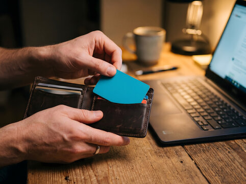Primer plano de manos de hombre sacando tarjeta de cr&eacute;dito azul celeste de billetera de cuero para comprar por internet.
