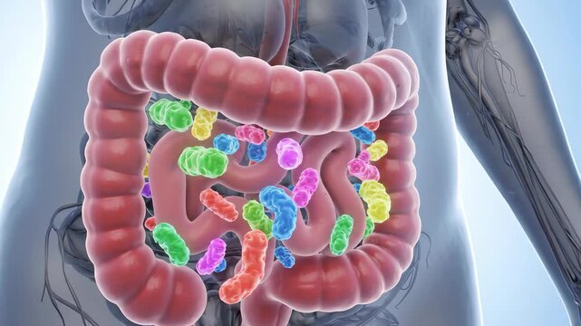 Digestive tract highlighted in red. Bacteria shown with colorful dots. Internal anatomy visible. Large intestine clearly depicted. Small intestine with bacteria. Clear blue background.
