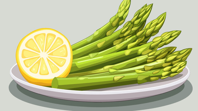 Illustration of fresh green asparagus with a lemon slice on a plate