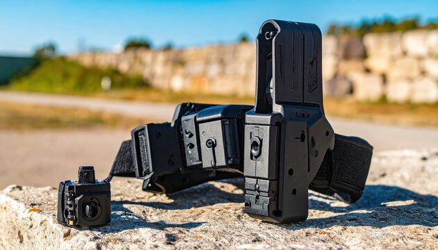 Professional duty belt with modular polymer holsters and locking mechanisms, arranged on a rough stone surface in a wide outdoor setting for tactical gear showcase and security equipment display.