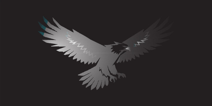 Flying Eagle Robotic Game Character Asset with Bird Silhouette in Silver Digital Halftone Grid and Cyber Tech Style