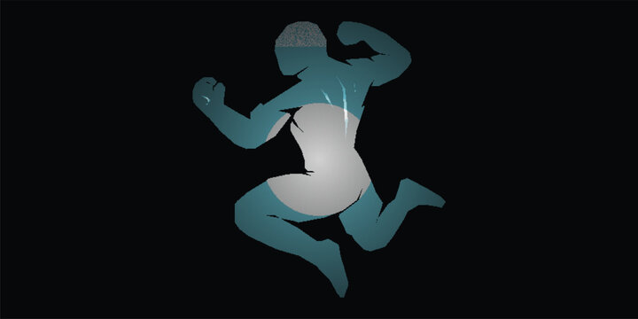 Futuristic Action Hero Silhouette in Mid-Air Jump with Teal Digital Pixel Grid and Cybernetic Glitch Effect