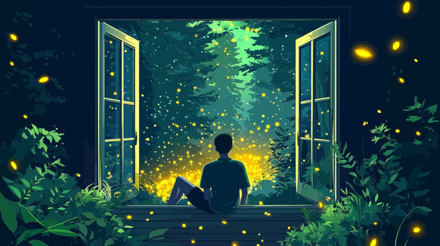 A person sitting on a wooden porch at night, gazing at glowing fireflies and dense forest outside open window