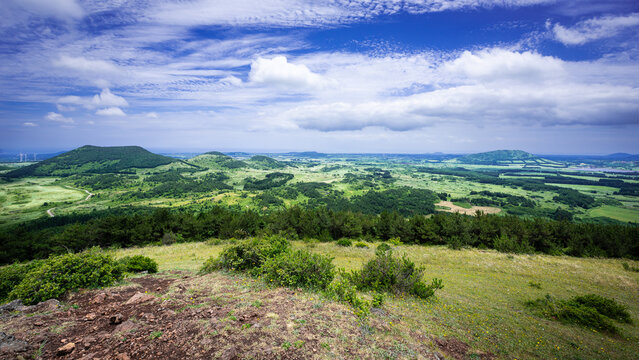 Whenever spring came, a harsh wind would always linger! Unique landscape of Baekyaki-Oreum(small extinct volcano) in spring, Jeju Island, South Korea.