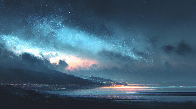 星空の下の海岸線と幻想的な銀河の風景
