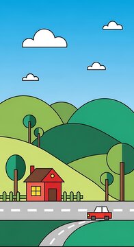 A vibrant minimalist illustration of a house nestled in rolling green hills, a road with a car, and clouds against a blue sky