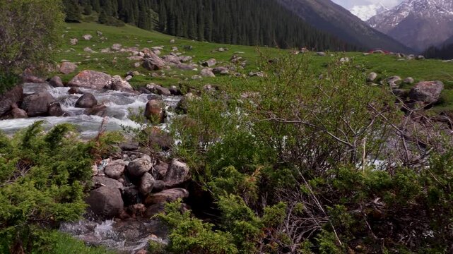 Kyrgyzstan iconic landscape. Beautiful landscape with serene flowing mountain rive in Altyn Arashan valley. Karakol, Kyrgyzstan.