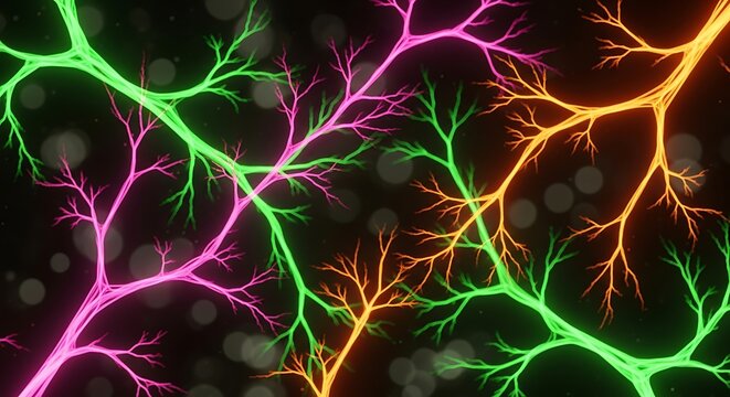 Abstract colorful glowing branching network lines representing biological neural connections or data flow patterns on a dark background