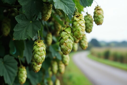 Green hop cones hang on bush branch with leaves, soft focus background road and field. Agriculture plant used for brewing beer and herbal remedies.