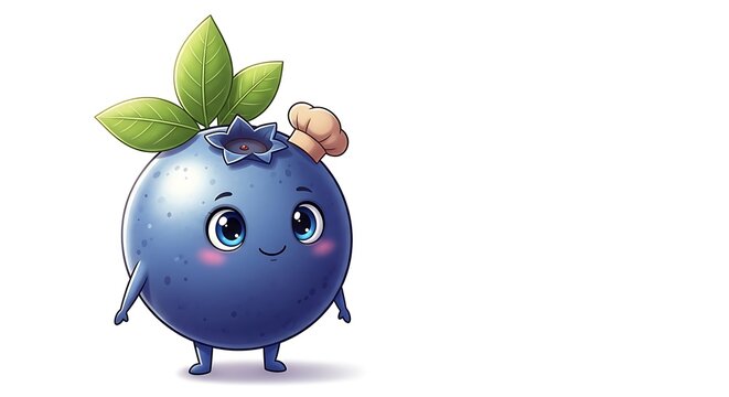Adorable animated blueberry character with big eyes, green leaves, and a tiny chef hat, standing with rosy cheeks
