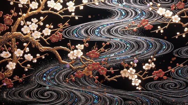 白銀の流水文様と梅が舞う和風蒔絵風アニメーション背景