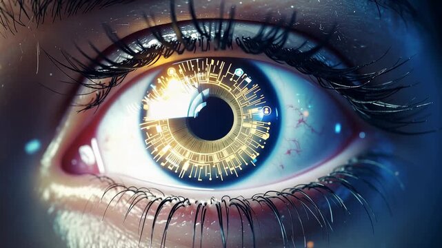 Cybernetic Gaze: A close-up view of an eye with a futuristic, cybernetic design, blending the organic with the technological.