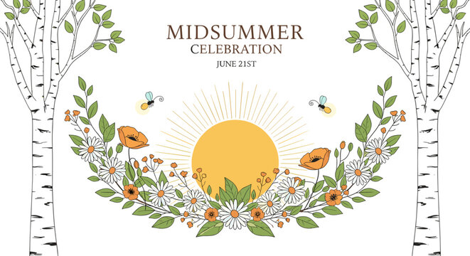 A charming illustration for a Midsummer Celebration on June 21st, featuring a radiant sun, a beautiful floral wreath with daisies and poppies, two bees, and tall birch trees.