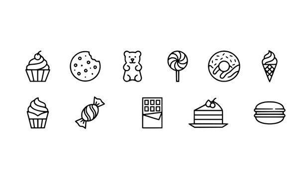 Modern minimalist dessert icon vector set with candy and bakery symbols isolated on white background