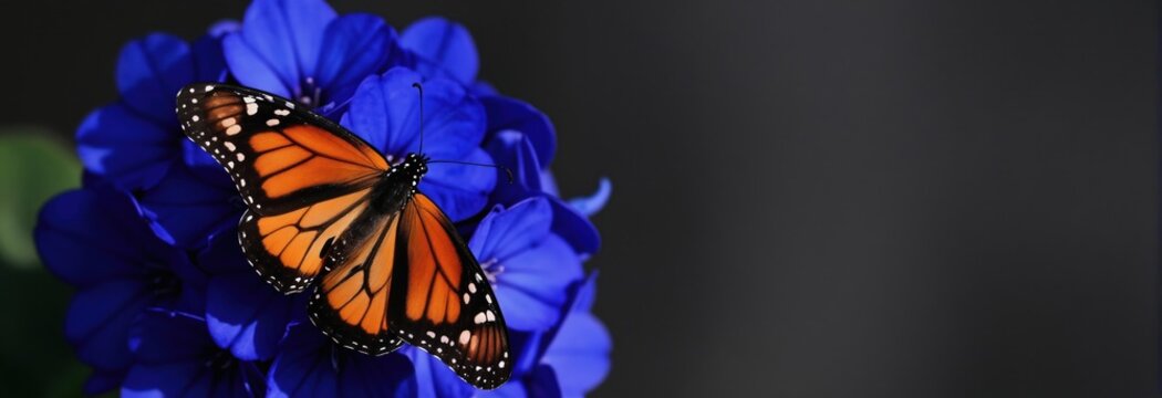 Monarch butterfly rests on vibrant blue petals. Orange insect wings display black veins and white spots. Dark background contrasts with delicate creature and bloom.