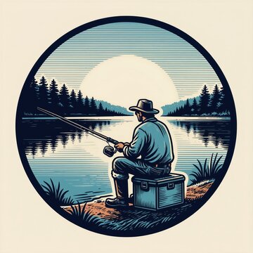 Man in hat and blue shirt fishes by tranquil lake with sun setting behind forest hills. He sits on tackle box. Calm water reflects trees. Relaxing hobby scene.