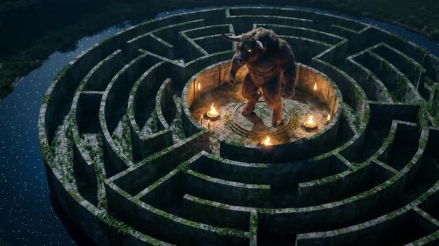 Minotaur Standing in the Center of a Stone Labyrinth at Night Representing Complex Decisions Strategy and Greek Mythology