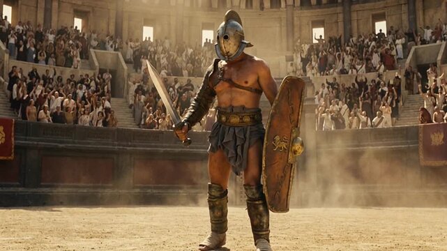 Roman Gladiator Standing in Colosseum Arena with Sword and Shield for Historical Reenactment and Ancient Empire Concept