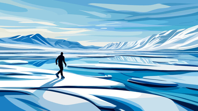 Solitary person walking on icy landscape with snow-covered mountains