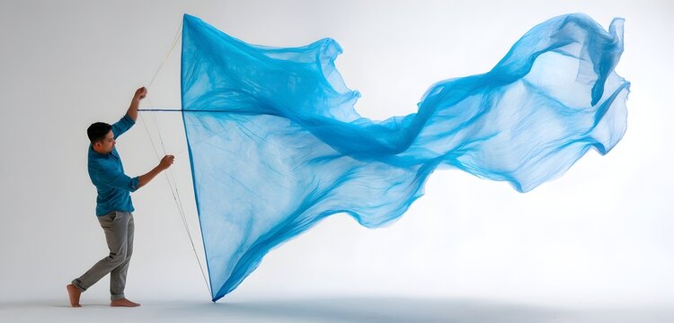 Man holding blue fabric in wind