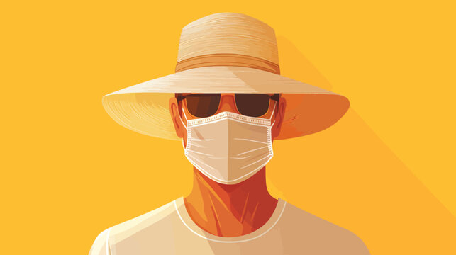 Person wearing sun hat, sunglasses, face mask on yellow background