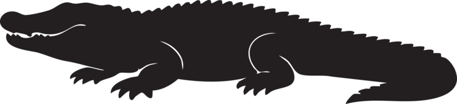 Black silhouette of an alligator with its mouth open and teeth showing, side view