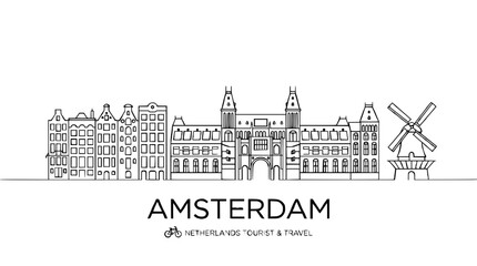 Obraz premium Amsterdam Skyline Line Art - Netherlands Capital City Landmark Illustration
