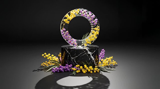 Elegant Floral Letter O Sculpture on Marble Pedestal with Spring Flowers.