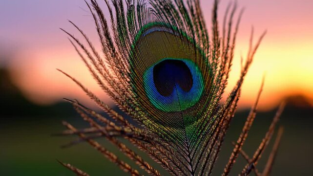 Peacock feather in sunset light emphasizing fluid motion and vibrant color palettes