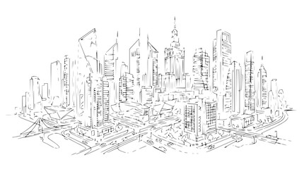 Fototapeta premium Hand-drawn sketch of a modern city skyline with skyscrapers and roads