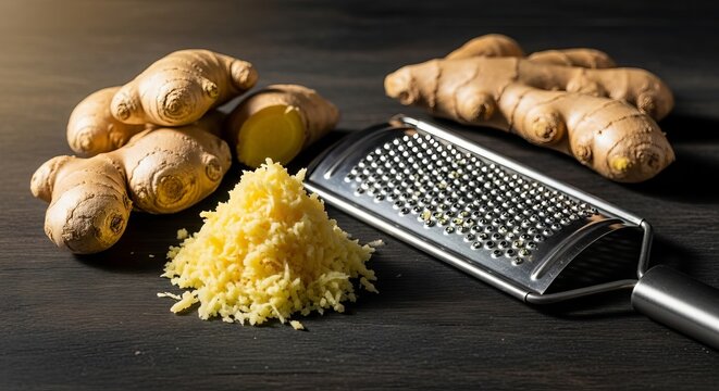 Freshly grated ginger root sits in a small mound next to whole rhizomes on a rustic wooden surface with a metal grater nearby in the light, closeup, seasoning, cooking