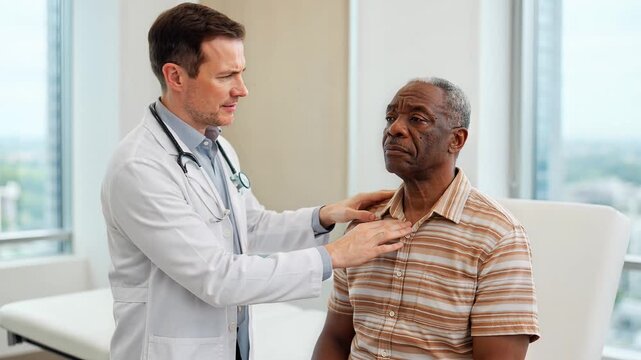 Doctor Examining Patients Neck in Medical Office During Checkup.