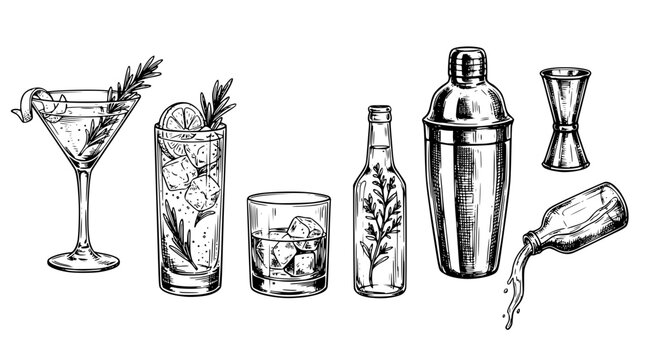 Hand drawn cocktail glasses and bar tools illustration