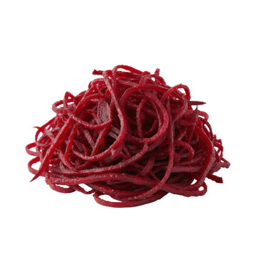 A rustic pile of freshly shredded crimson beet ribbons with glistening moisture isolated on a white background concept of culinary freshness