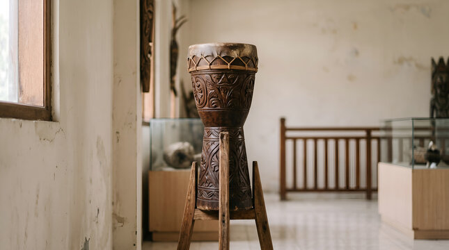 Traditional Papuan tifa drum displayed in a museum-style setting. Useful for cultural education, heritage tourism, and Indonesian history projects.