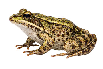 Obraz premium Detailed close-up of a green and brown spotted frog on a black png isolated transparent