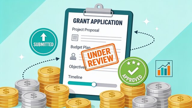 "Grant Application Under Review Process - Financial Proposal with Budget Plan Money Stacks and Approval Status Icons Vector Illustration"