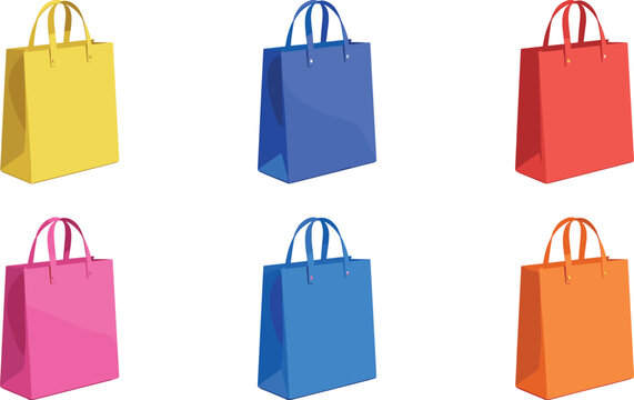 Colorful Reusable Shopping Bag Vector Icon Set with Bright Eco Fabric Totes for Retail, E-Commerce Marketing, Grocery, and Fashion Store Designs