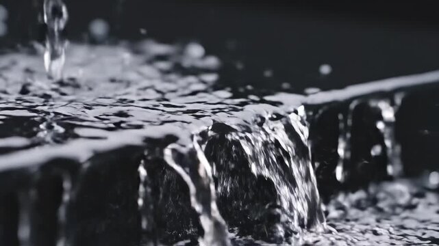 Water droplets and splashes on dark surface symbolizing conceptual art and dynamic energy
